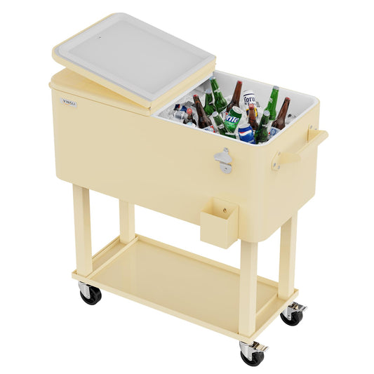 Rolling Ice Chest Cooler Cart with Shelf & Bottle Opener for Outdoor Parties
