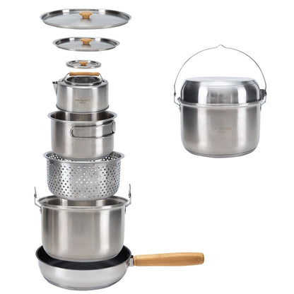 Stainless Steel Camping Cookware Set with Pots, Pan & Kettle