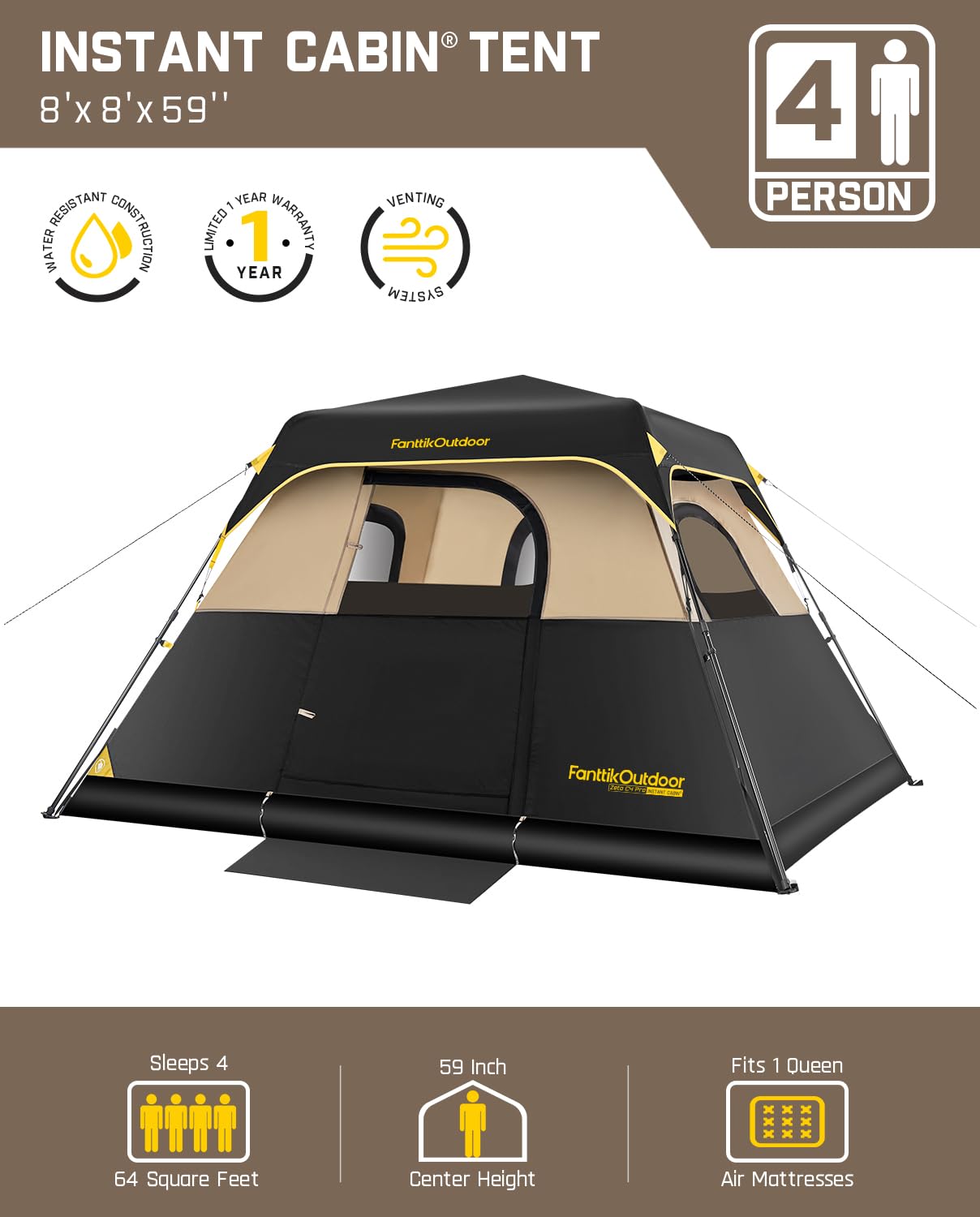 Instant Cabin Camping Tent with Rainfly & Carry Bag for Family Camping