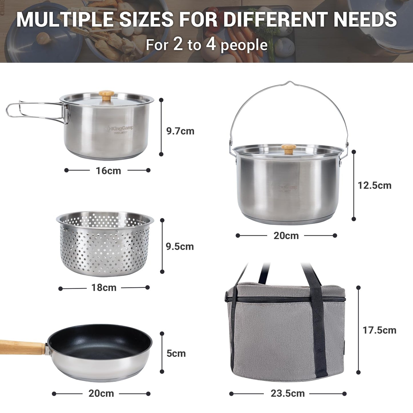 Stainless Steel Camping Cookware Set with Pots, Pan & Kettle