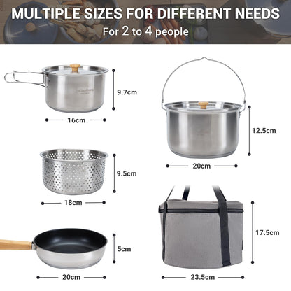 Stainless Steel Camping Cookware Set with Pots, Pan & Kettle