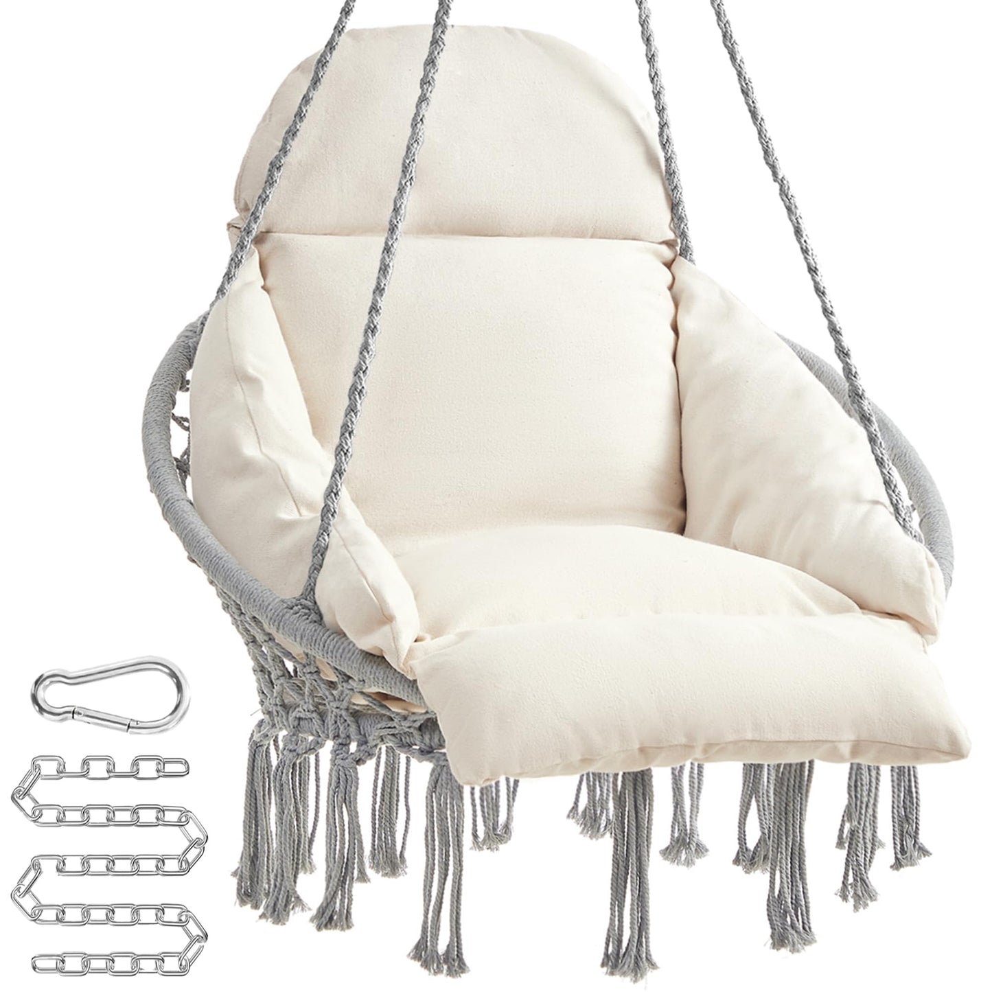 Boho Hanging Hammock Chair with Thick Cushion for Indoor & Outdoor Use