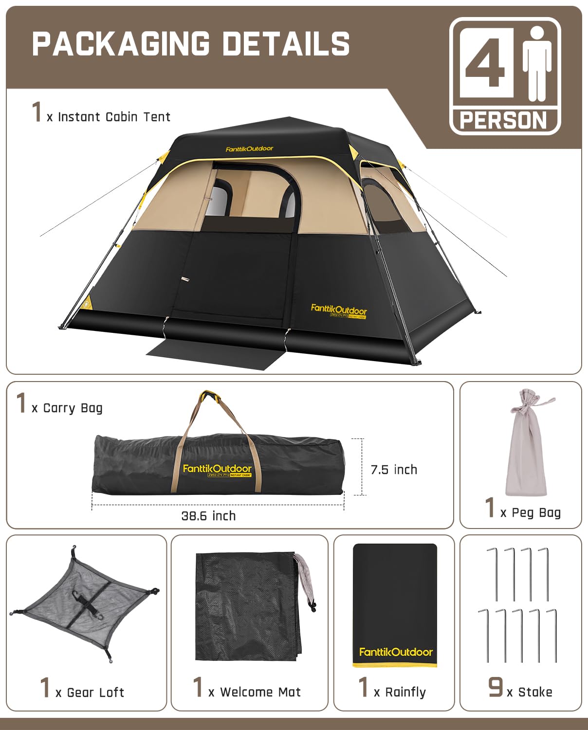 Instant Cabin Camping Tent with Rainfly & Carry Bag for Family Camping