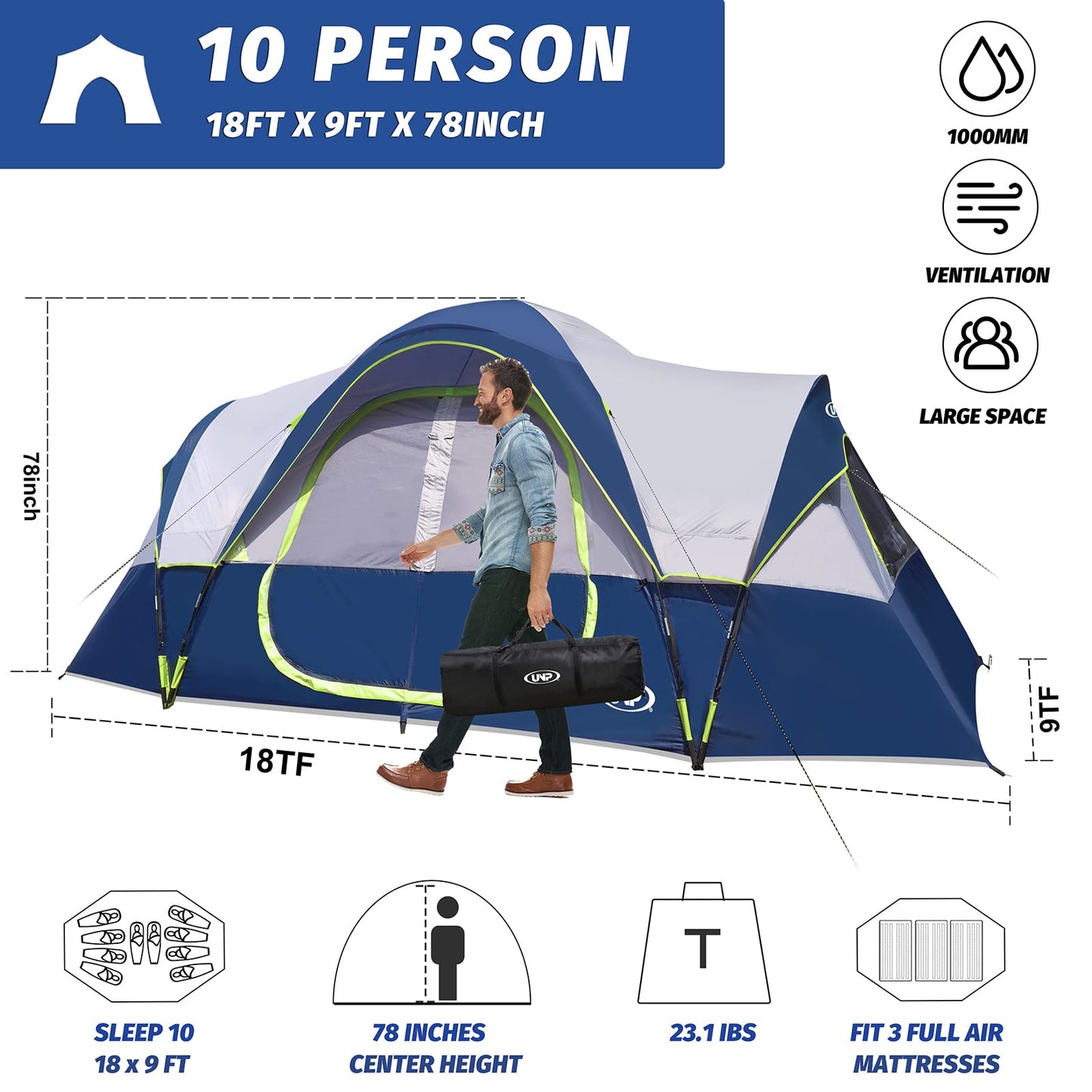 10-Person Waterproof Family Camping Tent with 2 Rooms & Mesh Windows