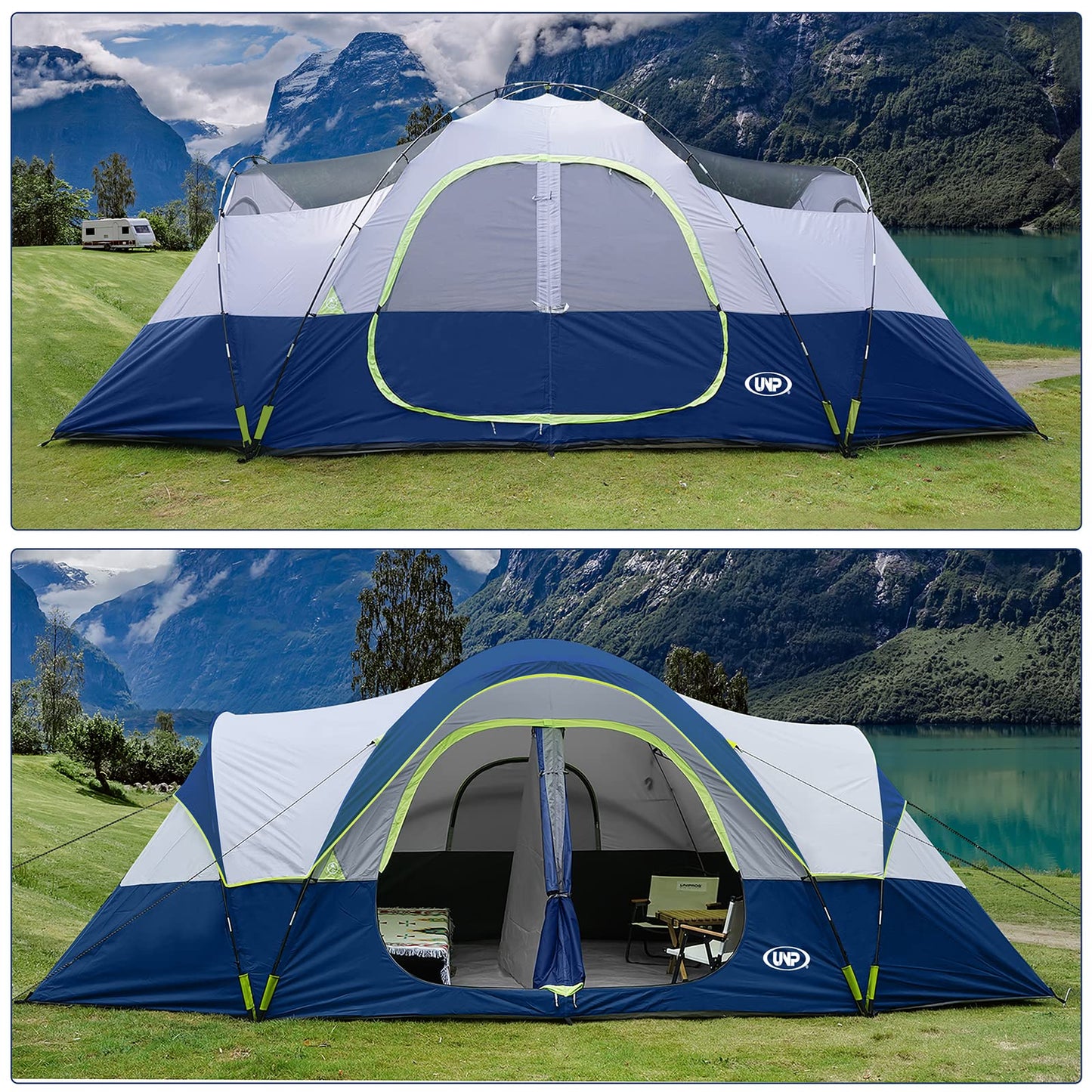 10-Person Waterproof Family Camping Tent with 2 Rooms & Mesh Windows