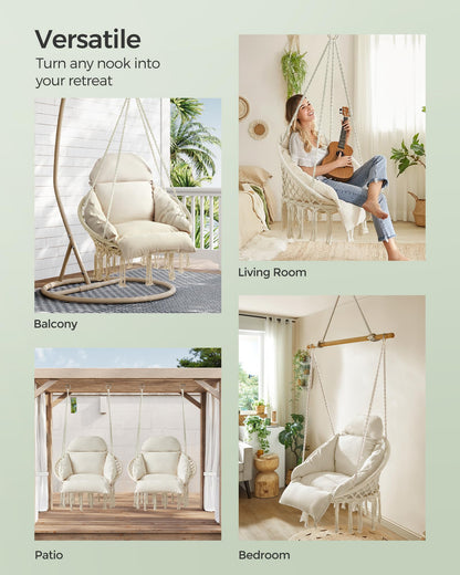 Boho Hanging Hammock Chair with Thick Cushion for Indoor & Outdoor Use