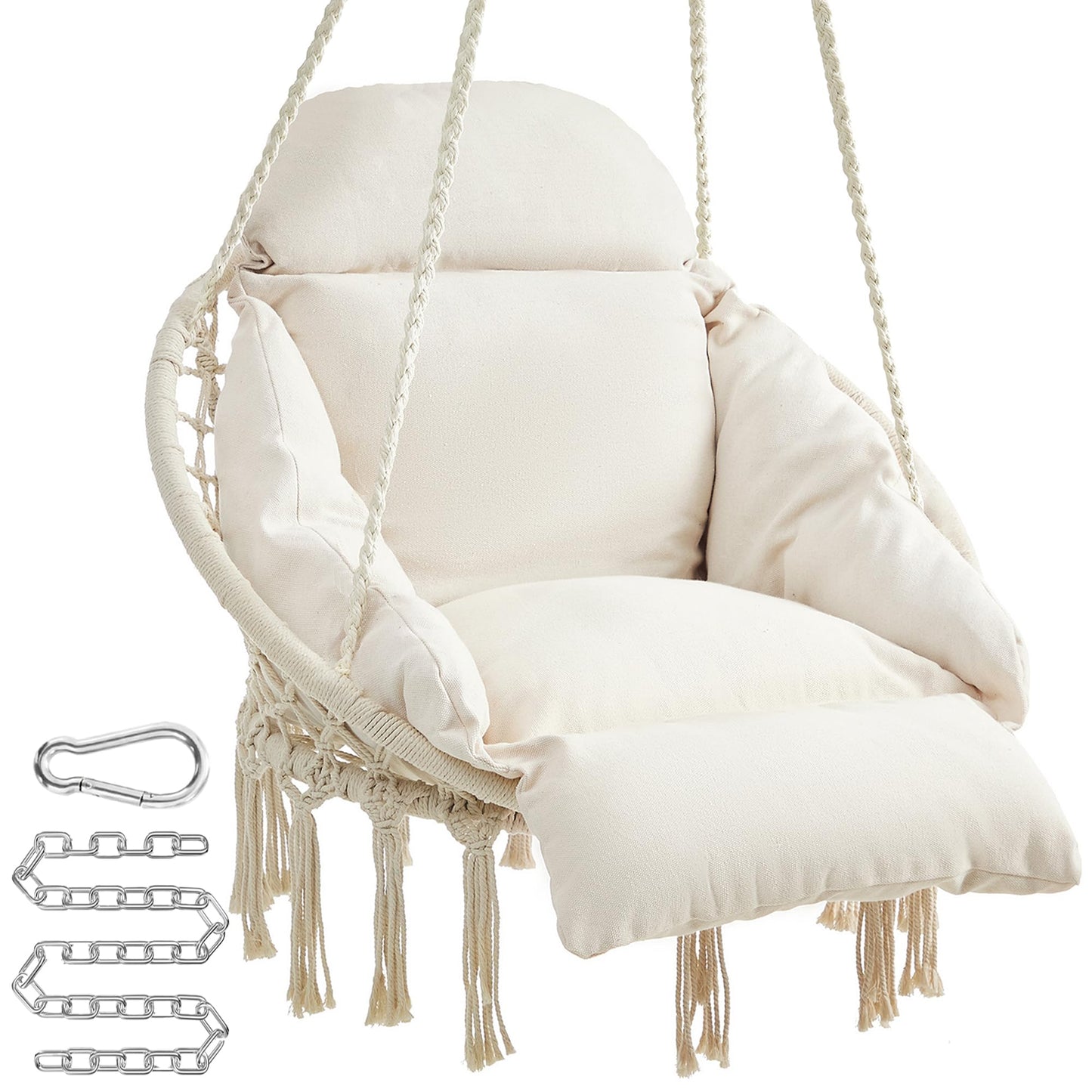 Boho Hanging Hammock Chair with Thick Cushion for Indoor & Outdoor Use